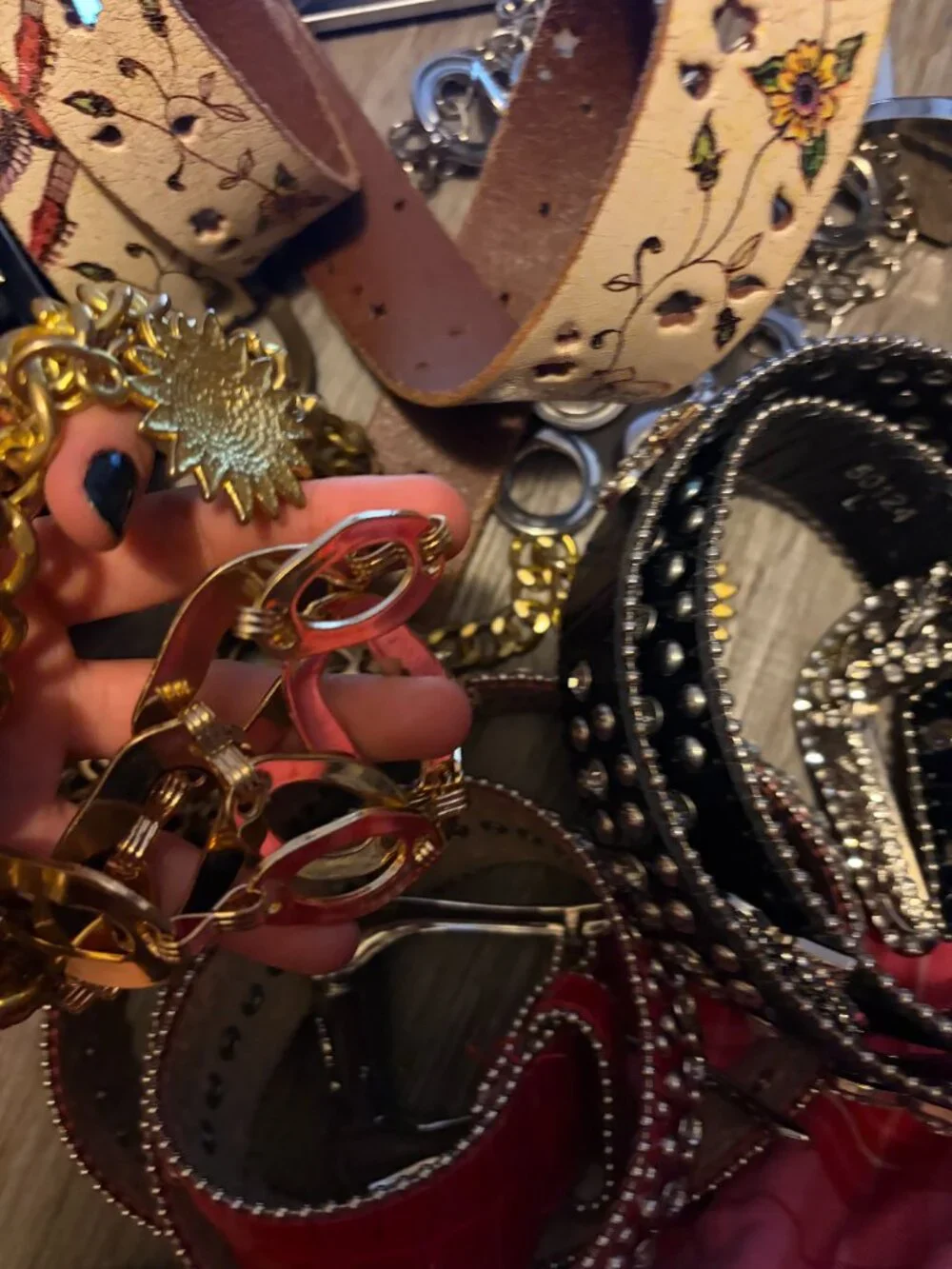 BIG BELT LOT all these belts need gone barely used red black gold silver I'm a 6